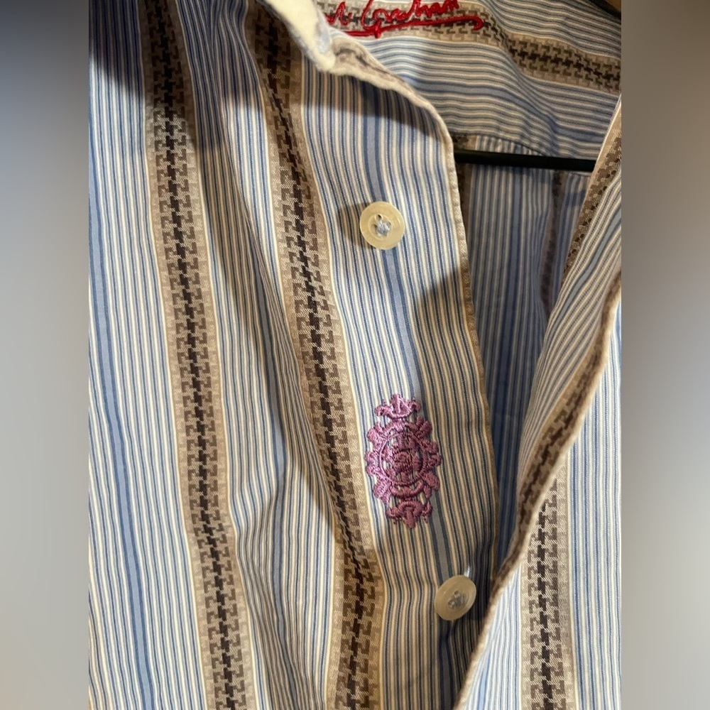 Robert Graham Dress Shirt Mens Blue Striped Flip Cuff Preppy Button Up Sz Medium - Picture 7 of 15